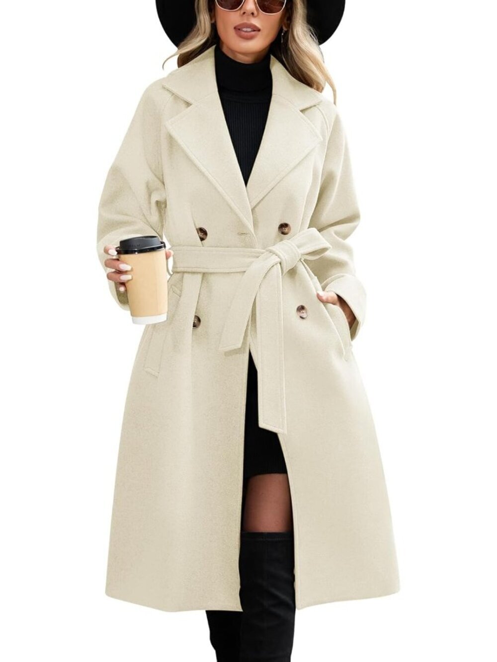 Women's Beige Polyester Mid length Autumn Elegant Double Breasted Long Pea Coat